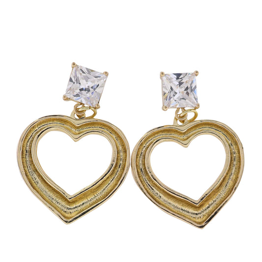 Gold Heart Earring with Clear Crystal Square Post