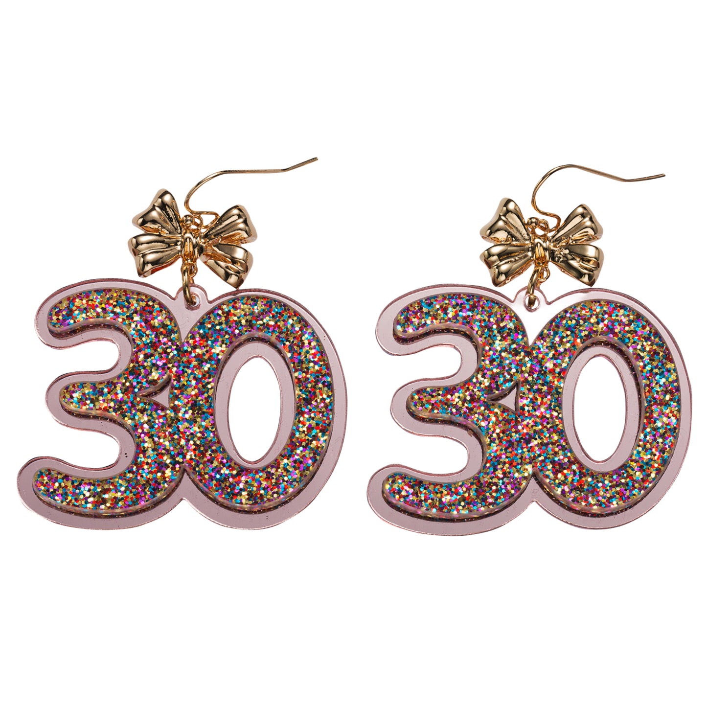 Multi Glitter Acrylic "30" Earring with Gold Bow