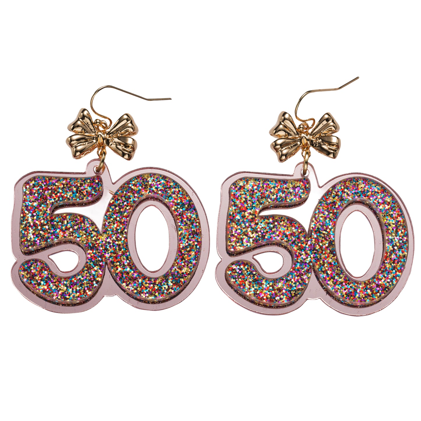 Multi Glitter Acrylic "50" Earring with Gold Bow