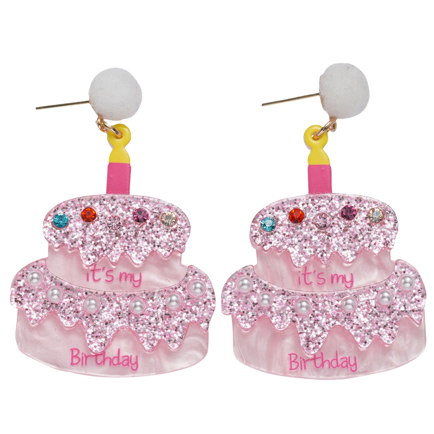 Pink, Yellow, White Glitter "It's My Birthday" Cake Earring