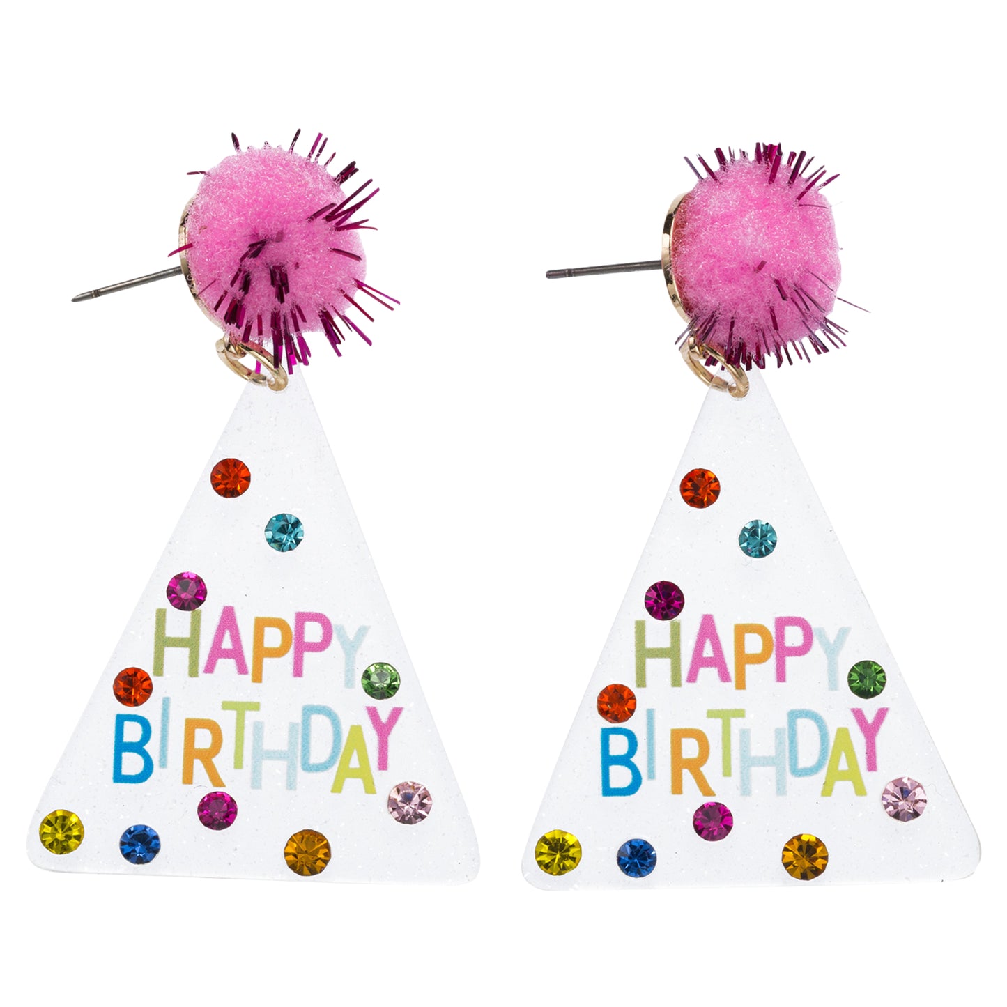 Multi Clear Acrylic Birthday Hat Earring with "Happy Birthday" & Multi Crystals