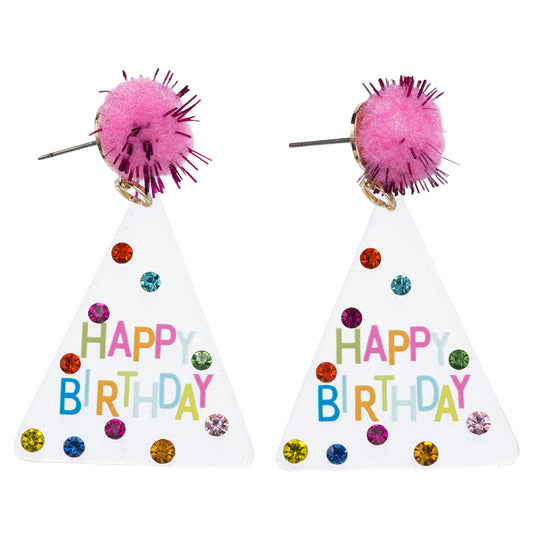 Multi Clear Acrylic Birthday Hat Earring with "Happy Birthday" & Multi Crystals