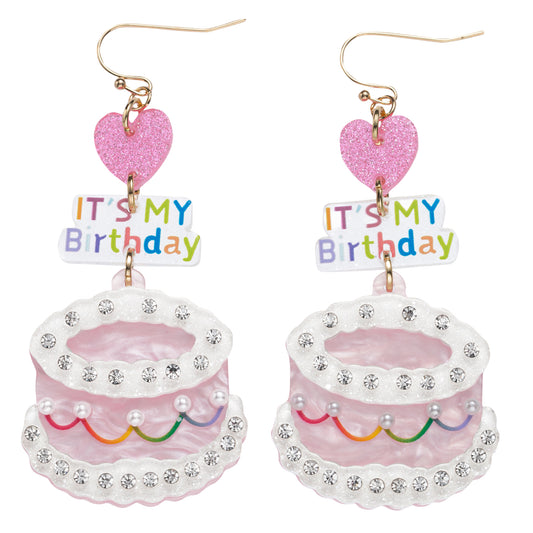 Multi Cake Earring with Pink Heart, "It's My Birthday"