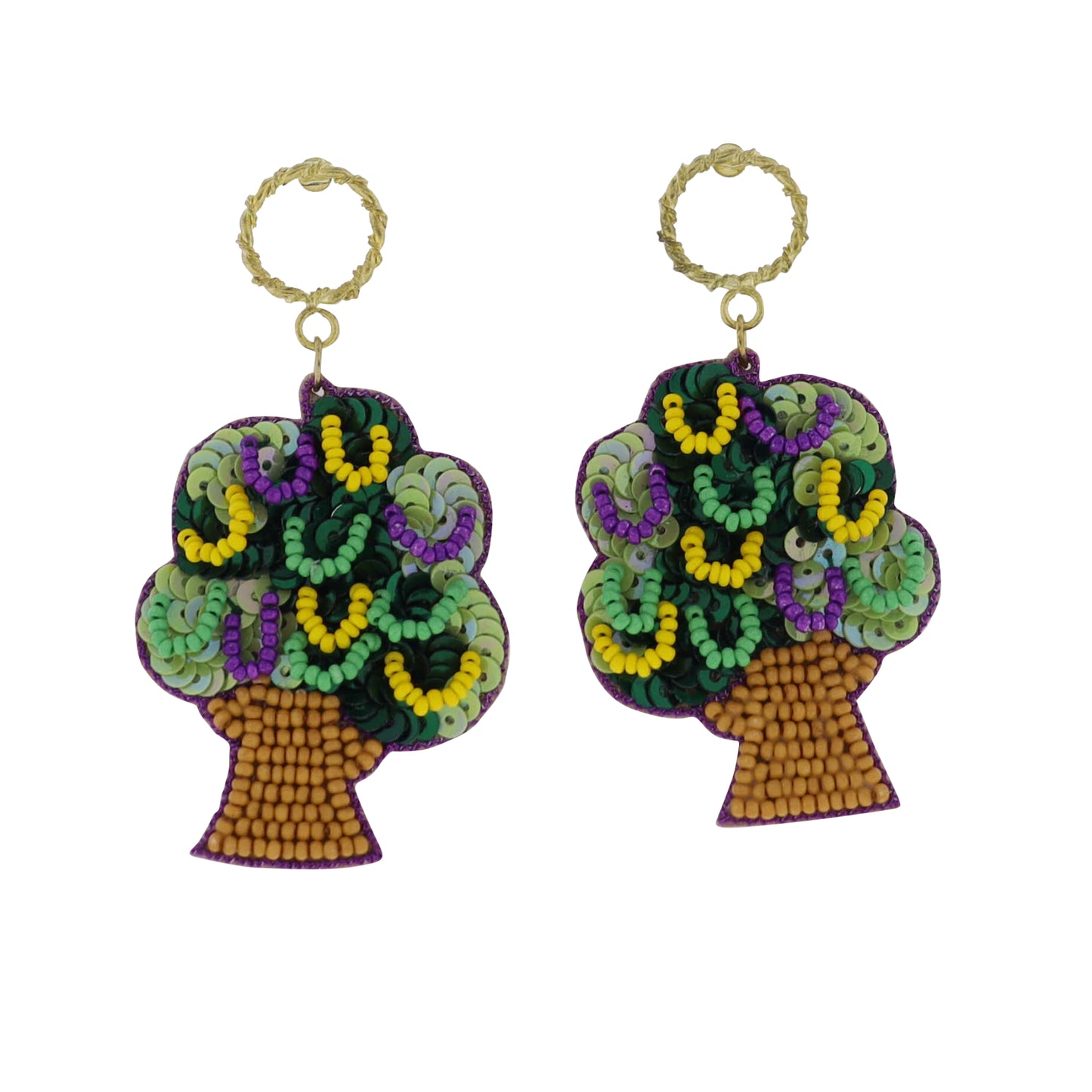 Purple, Green, Yellow Mardi Gras Tree Beaded Earrings
