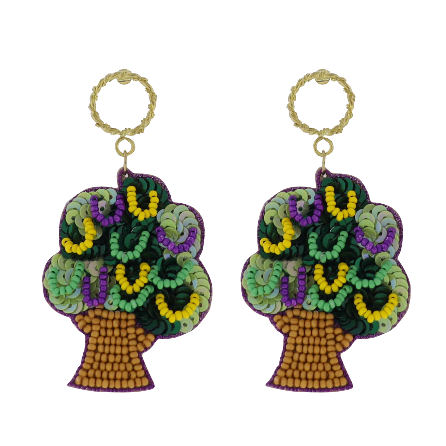 Purple, Green, Yellow Mardi Gras Tree Beaded Earrings