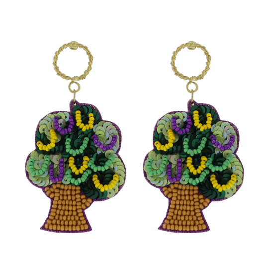 Purple, Green, Yellow Mardi Gras Tree Beaded Earrings