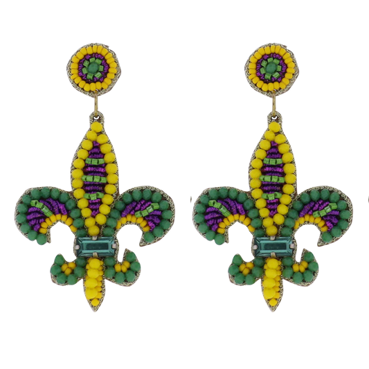 Yellow, Green, Purple Fleur De Lis Beaded Earrings
