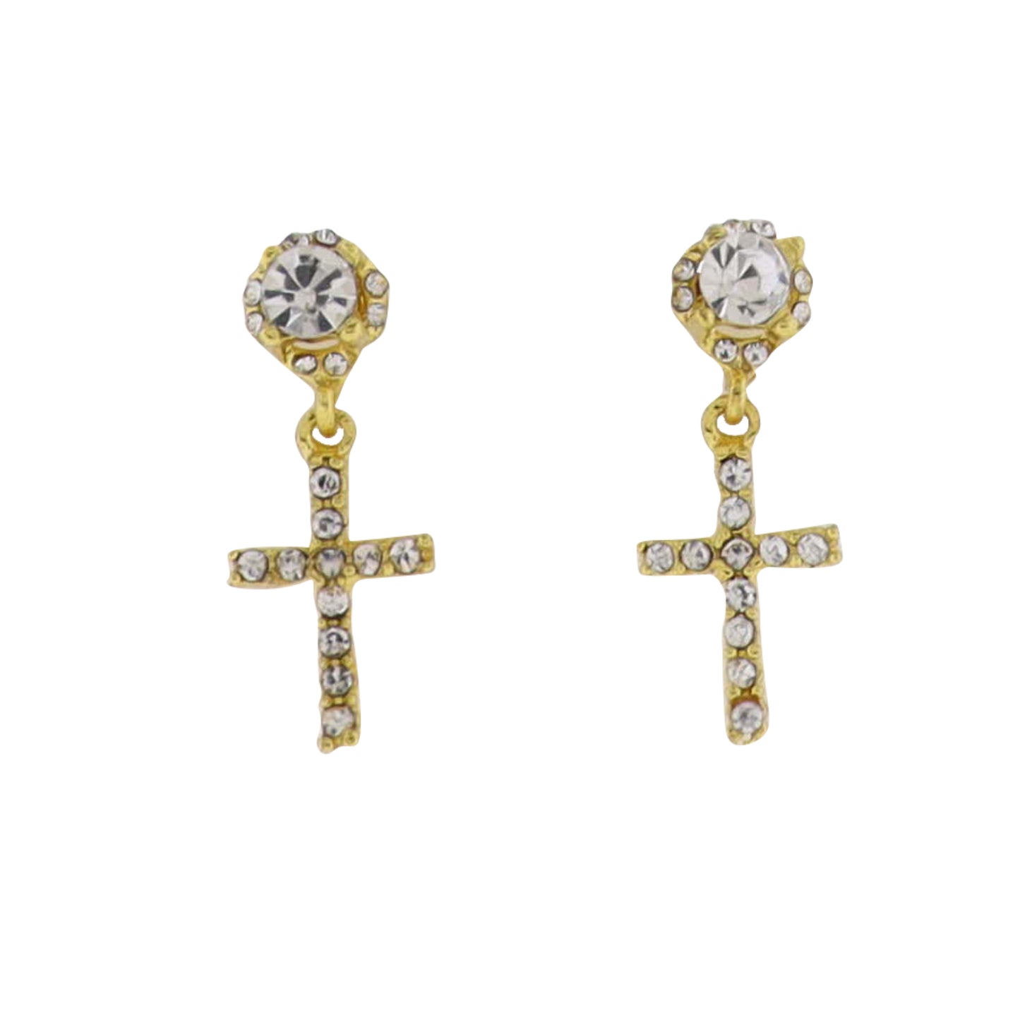 Gold Clear Crystal Stud Earring with Clear Crystal Cross