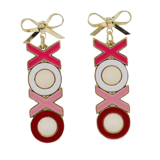 Gold Bow Earring with Hot Pink, White, Pink, Red "XOXO"