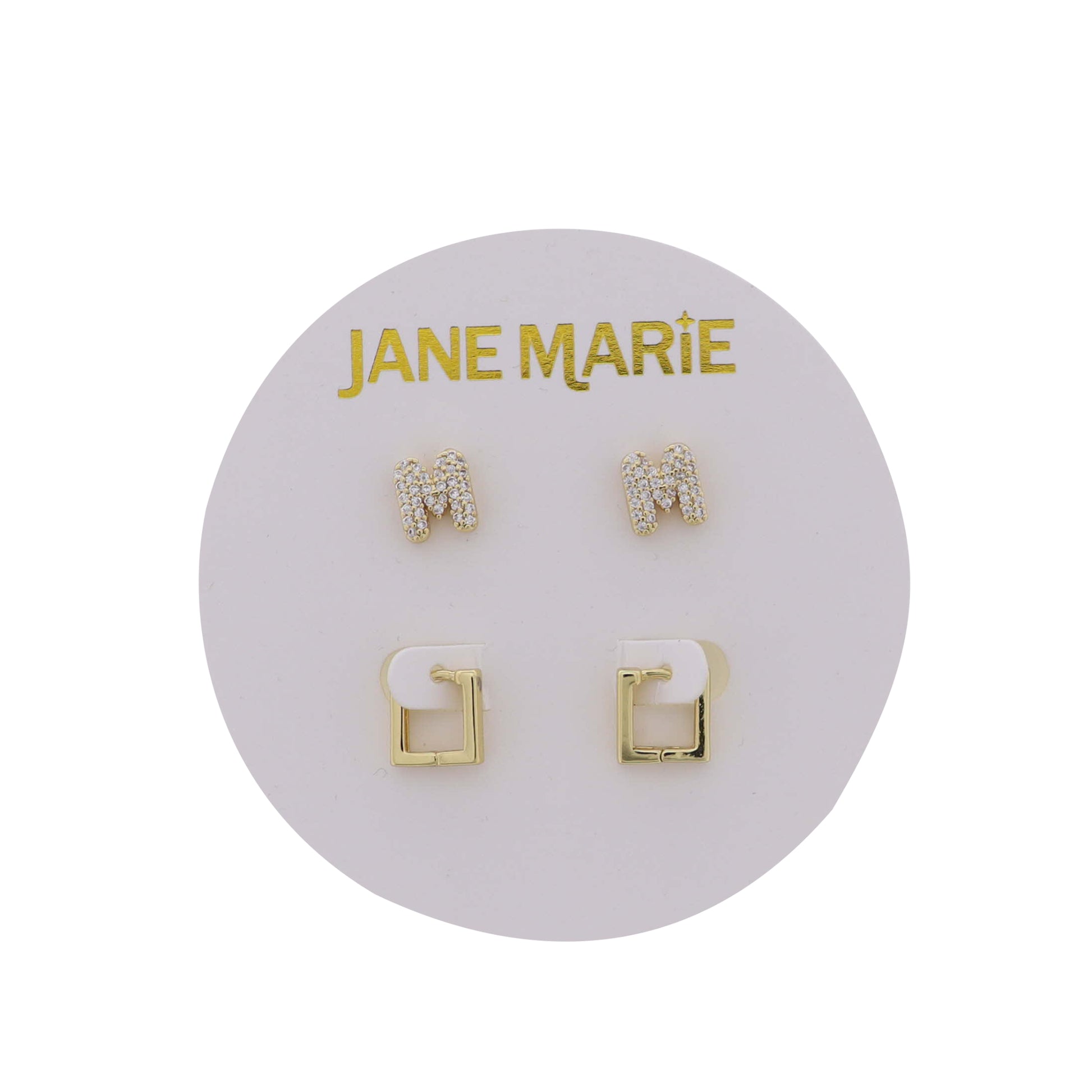 18K Gold Plated Clear Crystal "M" Initial Set of 2, Gold Square Huggie Earring