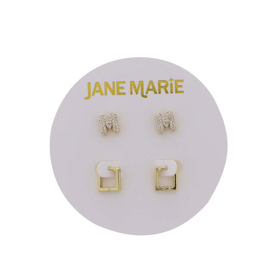18K Gold Plated Clear Crystal "M" Initial Set of 2, Gold Square Huggie Earring