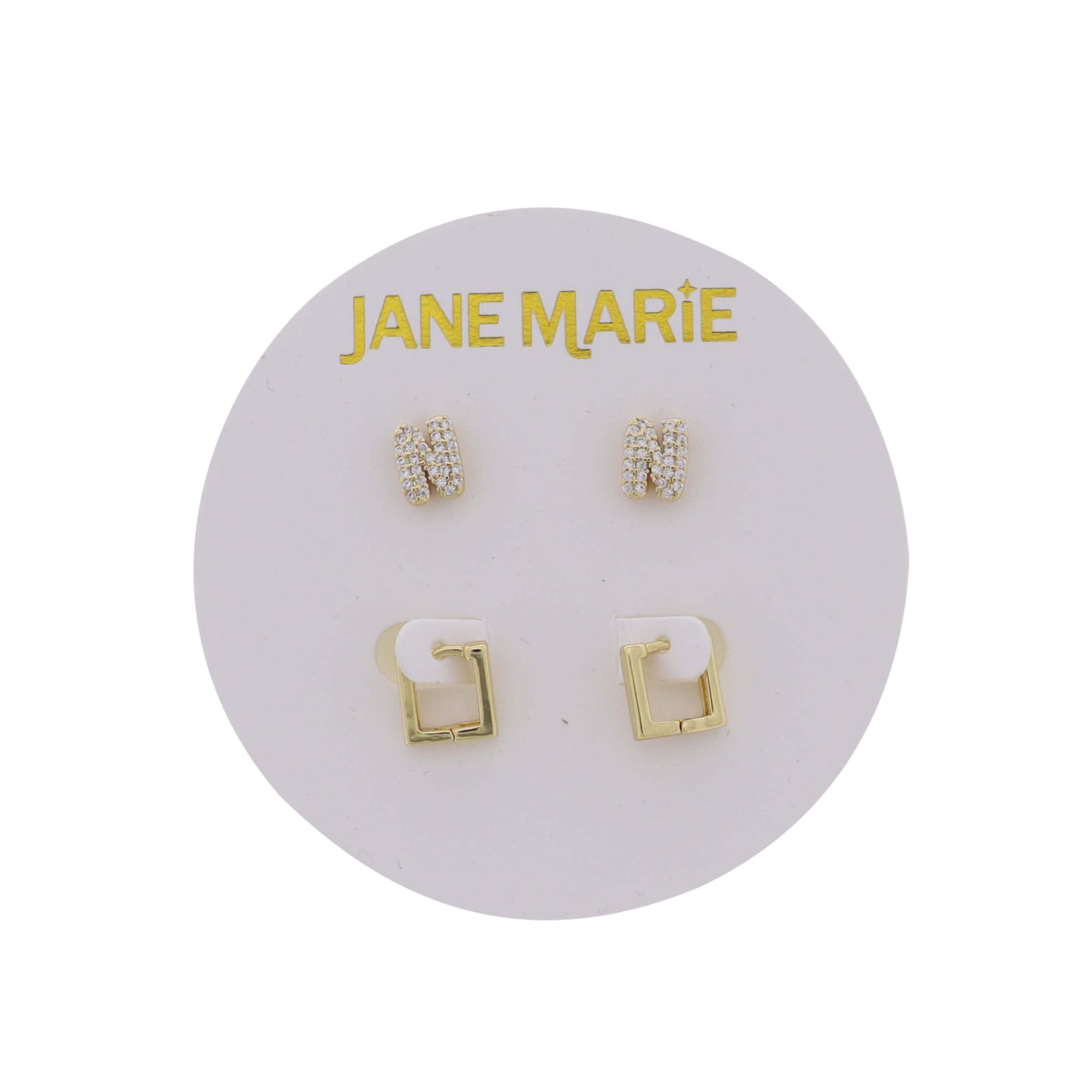 18K Gold Plated Clear Crystal "N" Initial Set of 2, Gold Square Huggie Earring
