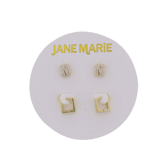 18K Gold Plated Clear Crystal "N" Initial Set of 2, Gold Square Huggie Earring