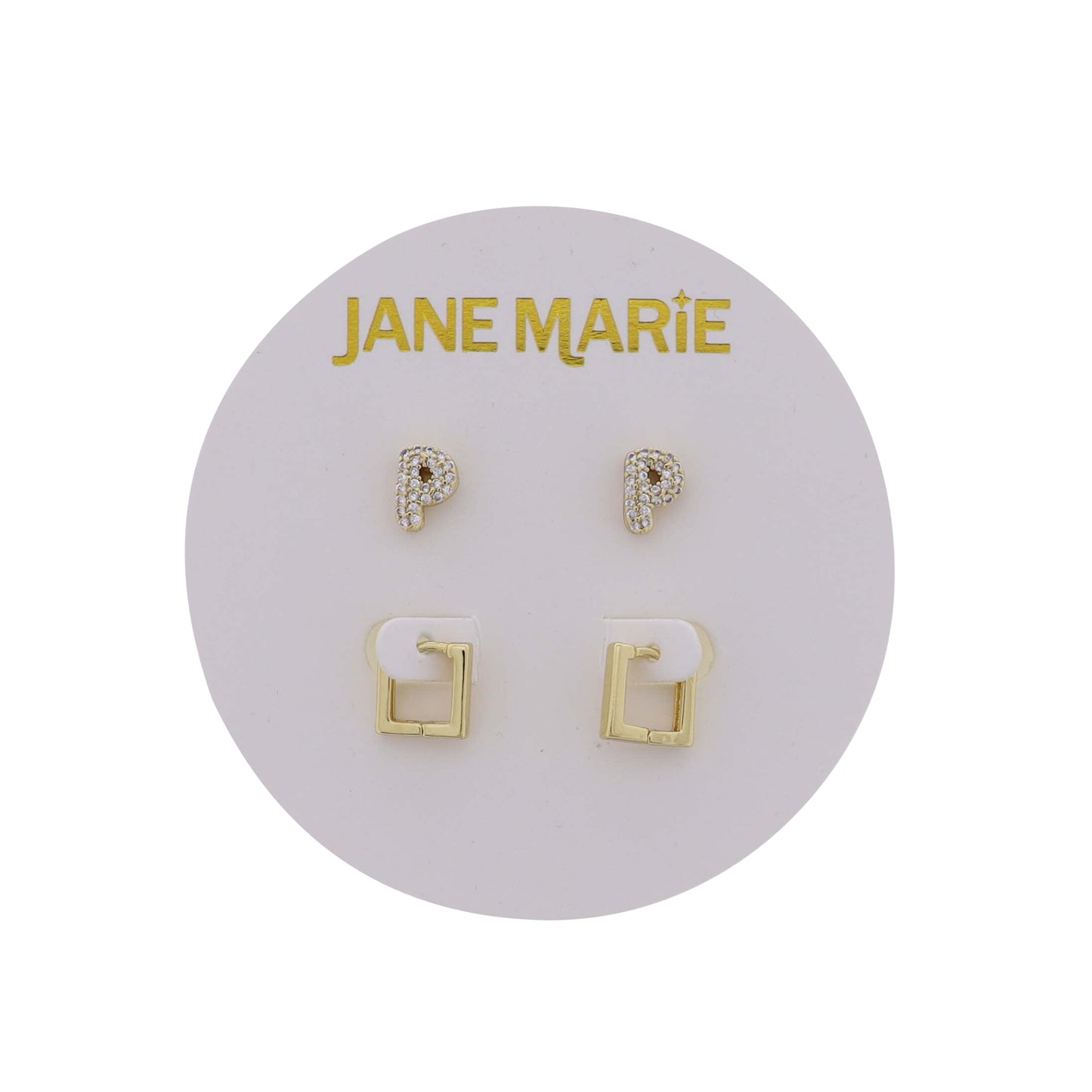 18K Gold Plated Clear Crystal "P" Initial Set of 2, Gold Square Huggie Earring