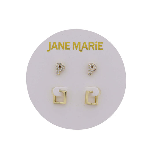 18K Gold Plated Clear Crystal "P" Initial Set of 2, Gold Square Huggie Earring