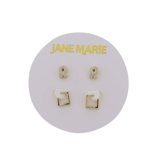 18K Gold Plated Clear Crystal "R" Initial Set of 2, Gold Square Huggie Earring