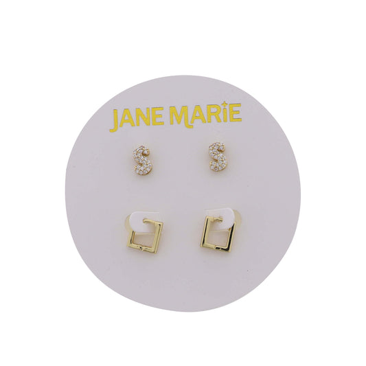 18K Gold Plated Clear Crystal "S" Initial Set of 2, Gold Square Huggie Earring