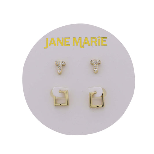 18K Gold Plated Clear Crystal "T" Initial Set of 2, Gold Square Huggie Earring