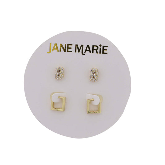 18K Gold Plated Clear Crystal "B" Initial Set of 2, Gold Square Huggie Earring