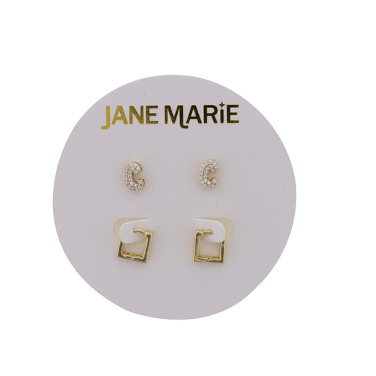 18K Gold Plated Clear Crystal "C" Initial Set of 2, Gold Square Huggie Earring
