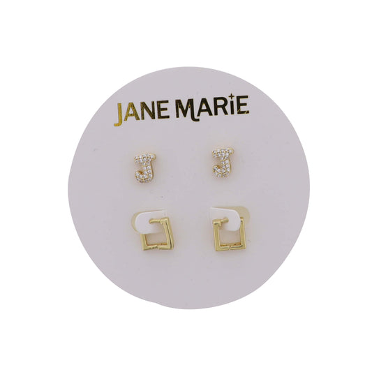 18K Gold Plated Clear Crystal "J" Initial Set of 2, Gold Square Huggie Earring
