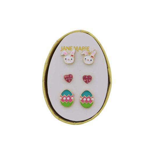 Kids Set of 3 Stud, Bunny, Pink Heart, Colorful Egg Earring
