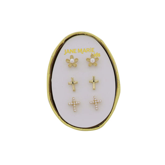 Kids Set of 3 Stud, Gold Cross, Gold Flower, Pearl Cross Earring