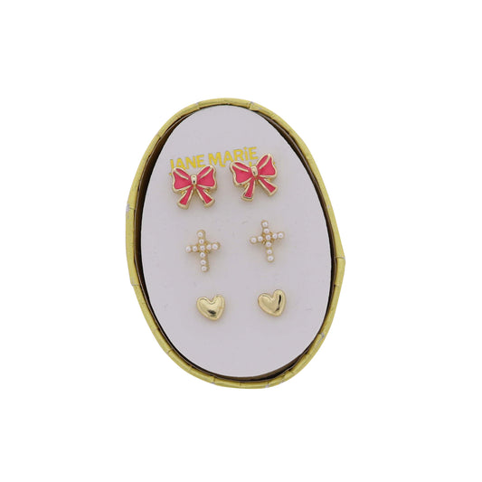 Kids Set of 3 Stud, Pink Bow, Pearl Cross, Gold Heart Earring