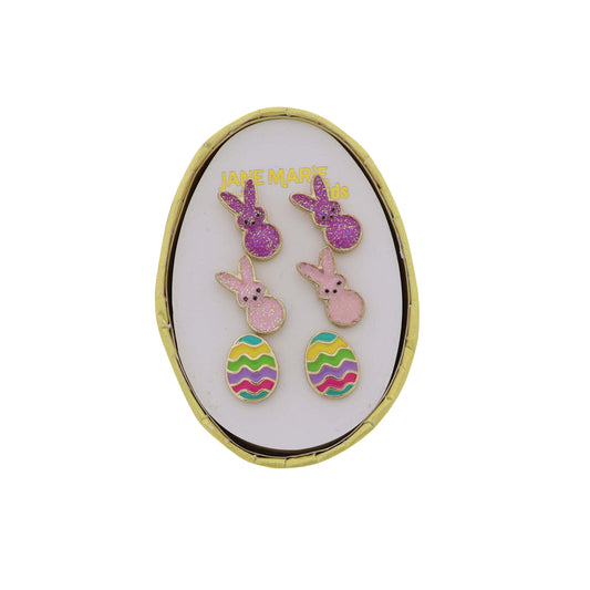 Kids Set of 3 Stud, Purple Bunny, Pink Bunny, Colorful Egg Earring