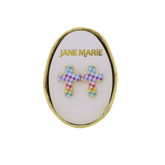 Multi Plaid Cross Earring