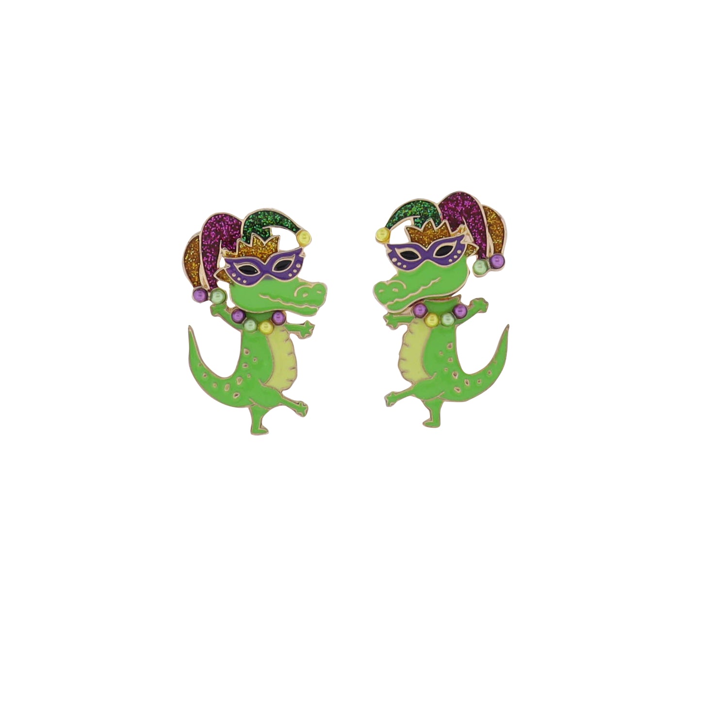 Enamel Green Alligator with Purple Mardi Mask & Jester Hat Earrings