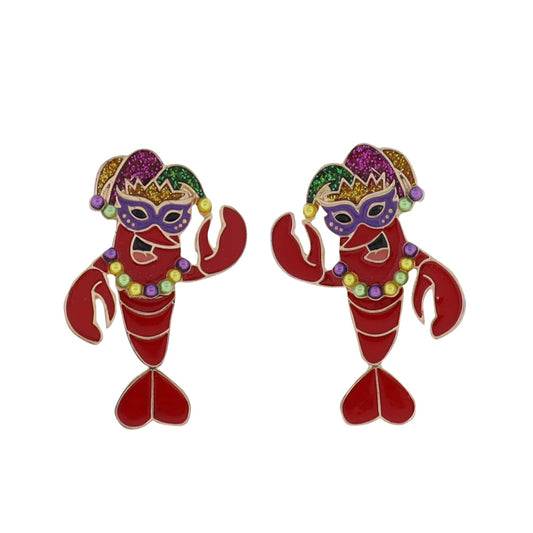 Enamel Red Crawfish with Purple & Green Mardi Mask & Jester Hat Earrings