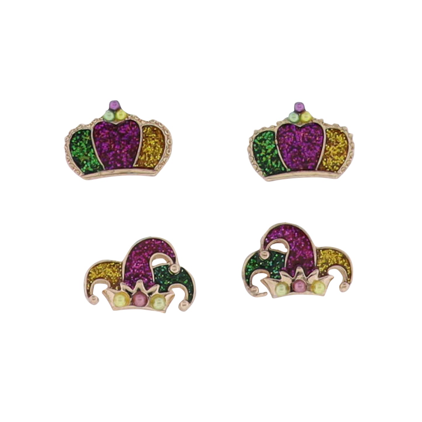 Enamel Set of 2 Purple, Green, Gold Jester Hat, Crown Earrings