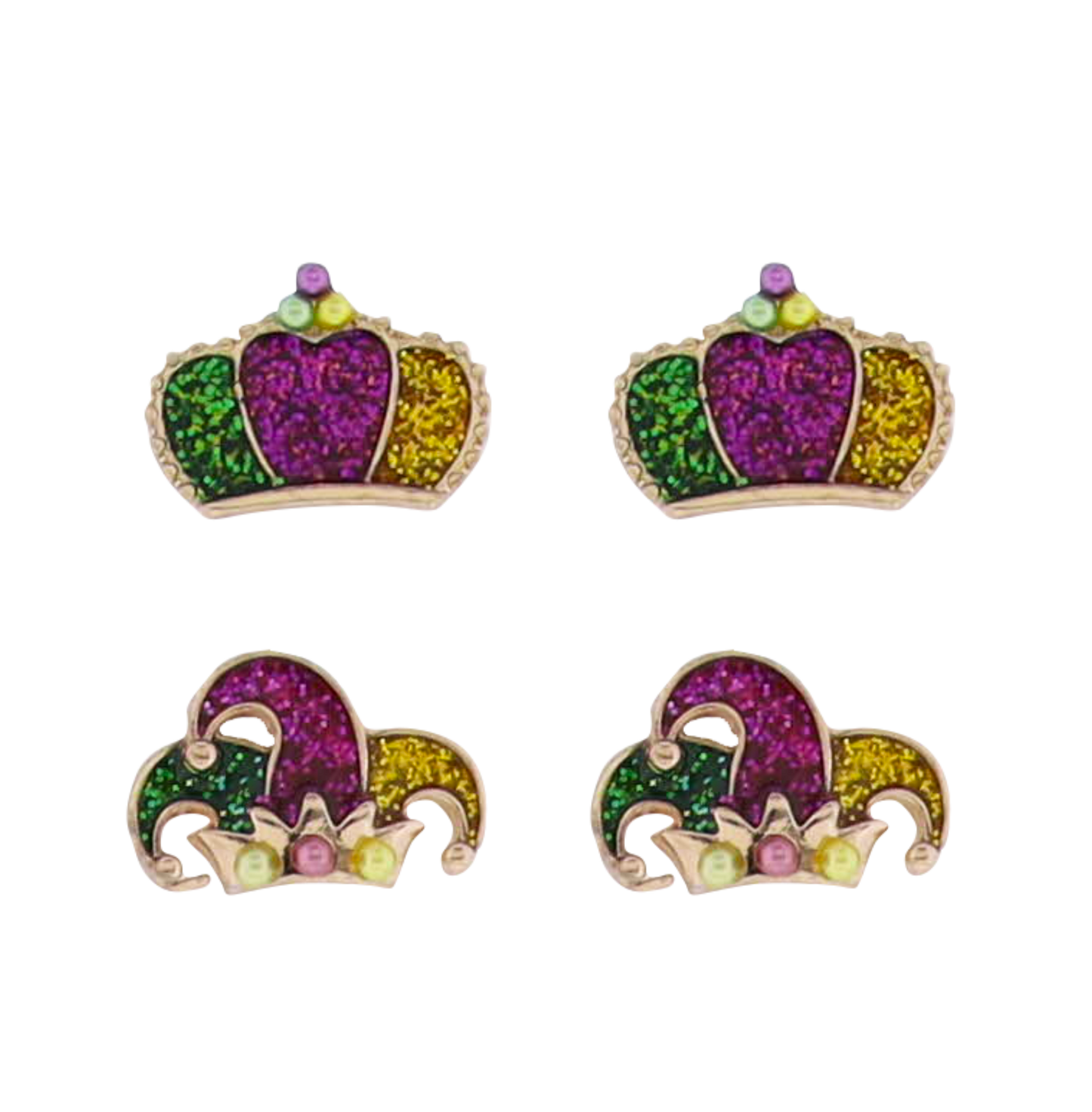 Enamel Set of 2 Purple, Green, Gold Jester Hat, Crown Earrings