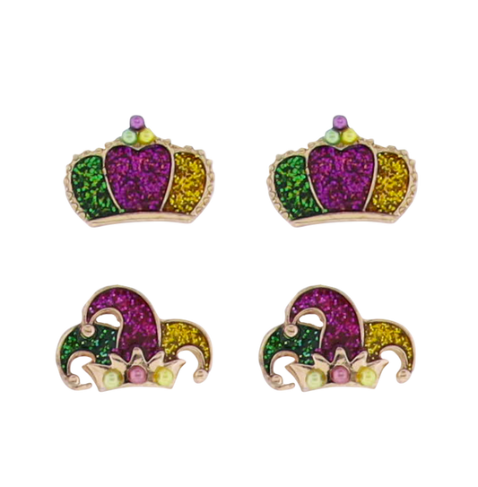 Enamel Set of 2 Purple, Green, Gold Jester Hat, Crown Earrings