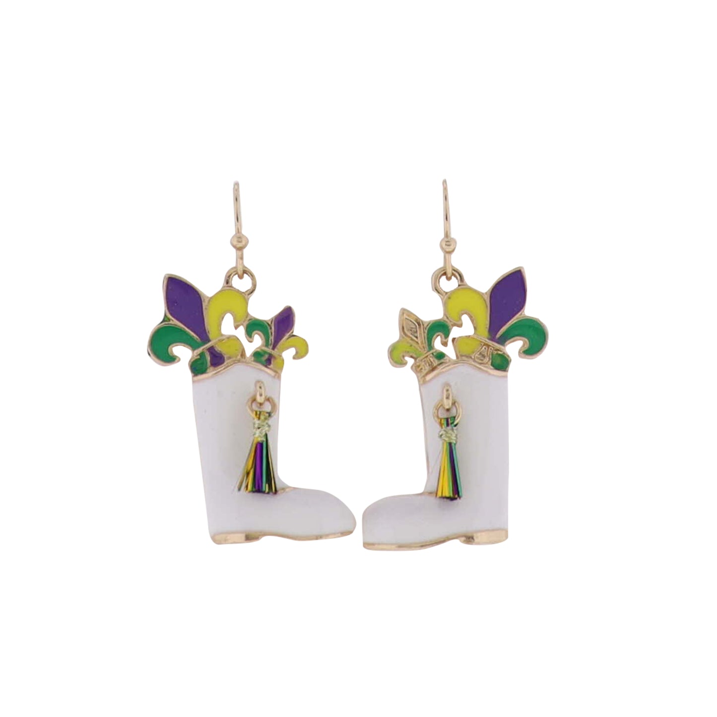 Enamel White Boot with Purple, Green, & Yellow Fleur de Lis & Tassel Earrings
