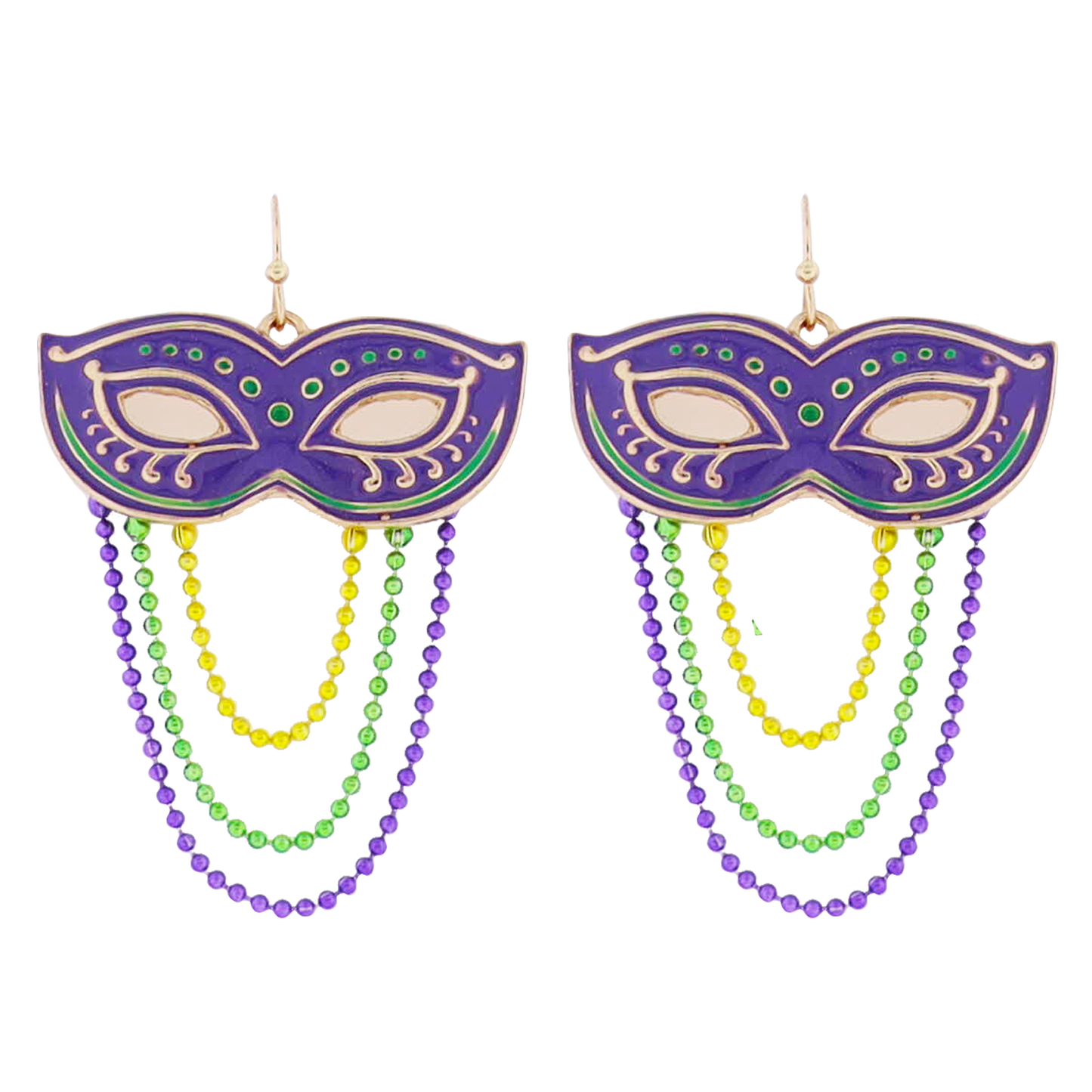 Enamel Purple Mask with Gold & Green Hanging Bead Accents Earrings