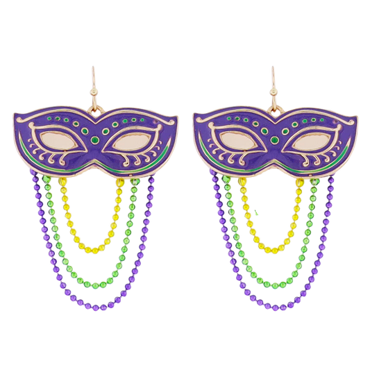 Enamel Purple Mask with Gold & Green Hanging Bead Accents Earrings