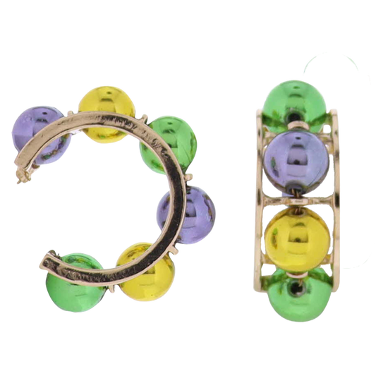 Beaded Purple, Gold, Green Ball Hoop Earrings