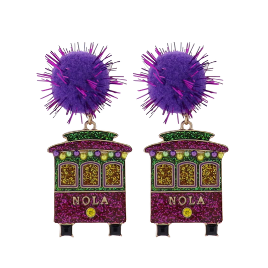 Enamel Purple, Green Gold Nola Street Car with Purple Pom Earrings