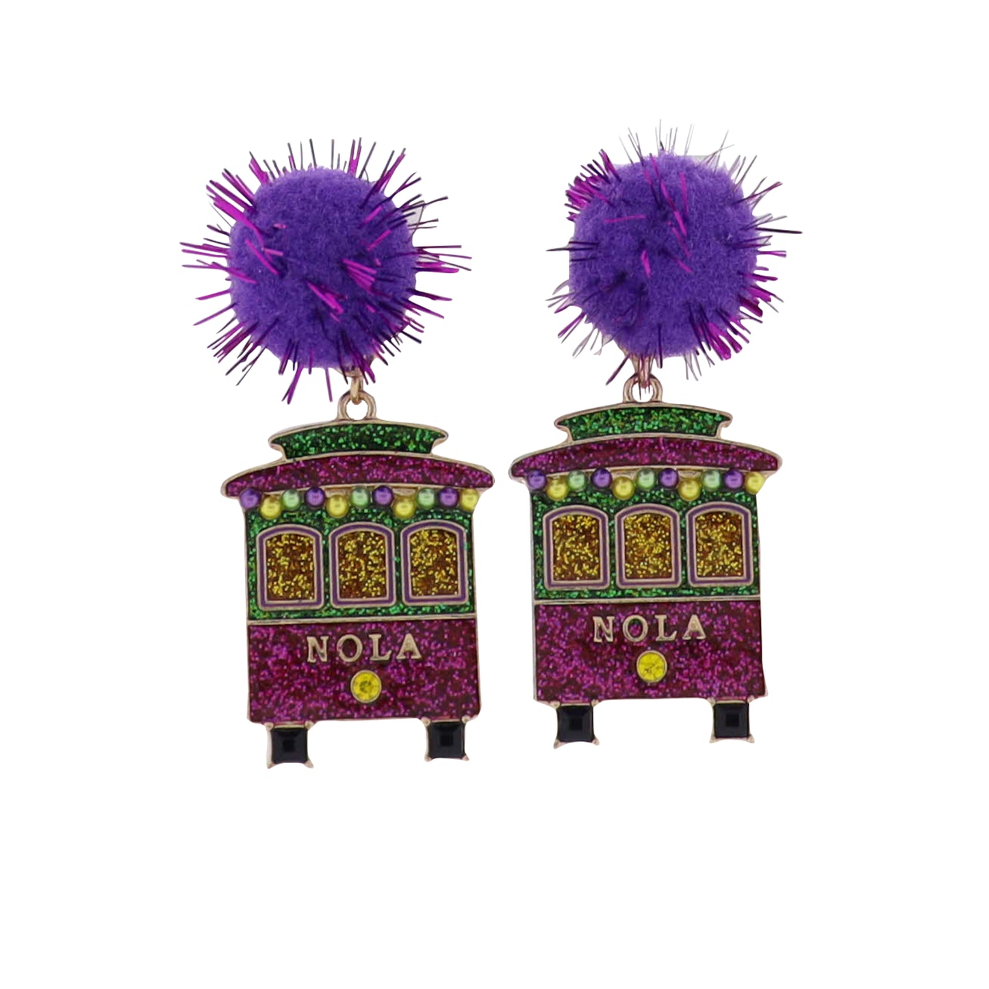 Enamel Purple, Green Gold Nola Street Car with Purple Pom Earrings