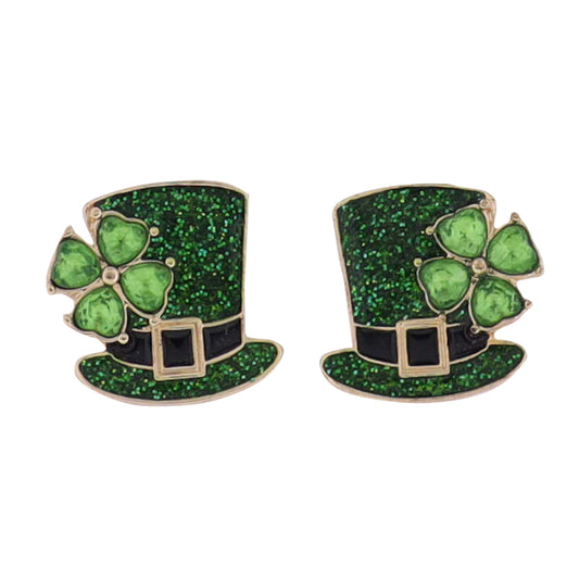Green, Black Enamel Leprechaun Hat Earrings with Green Crystal Clover