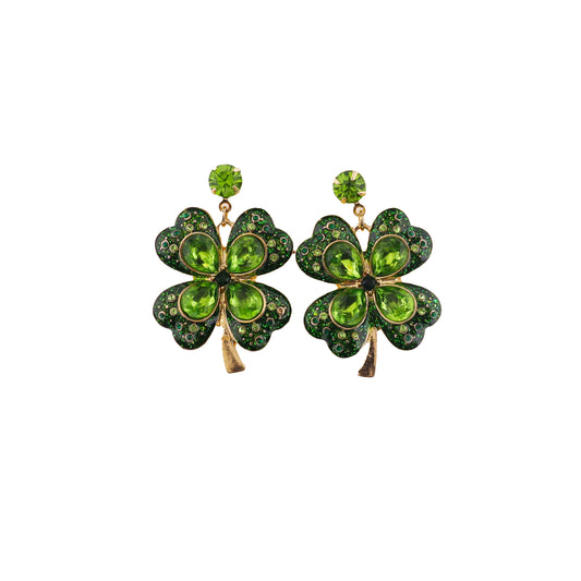 Green Enamel Clover Earrings with Green Crystals