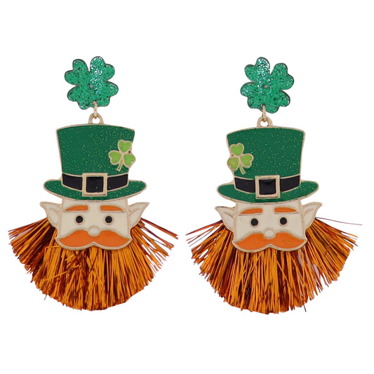 Green, Orange Enamel Leprechaun with Fringe Beard and Green Glitter Clover Earrings