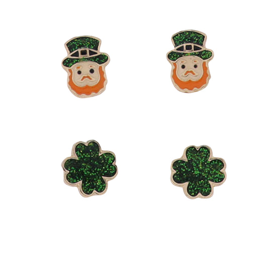 Green, Orange Enamel Set of 2, Leprechaun & Clover Earrings