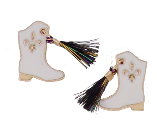 Kids White Mardi Gras Boot & Tassel Earrings