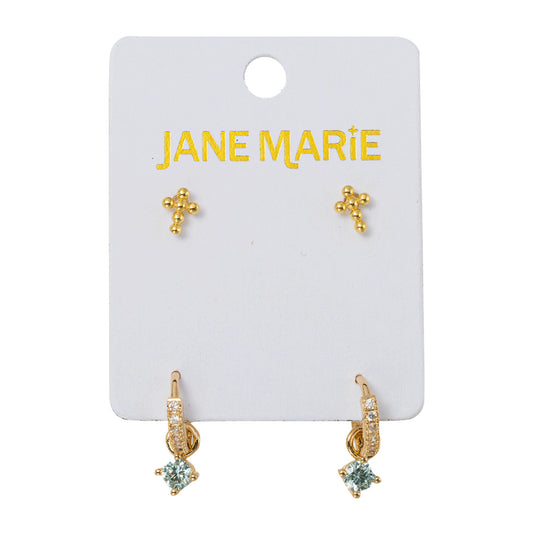 18K Gold Plated Set of 2, Bubble Cross with Light Blue Crystal Huggie Earring