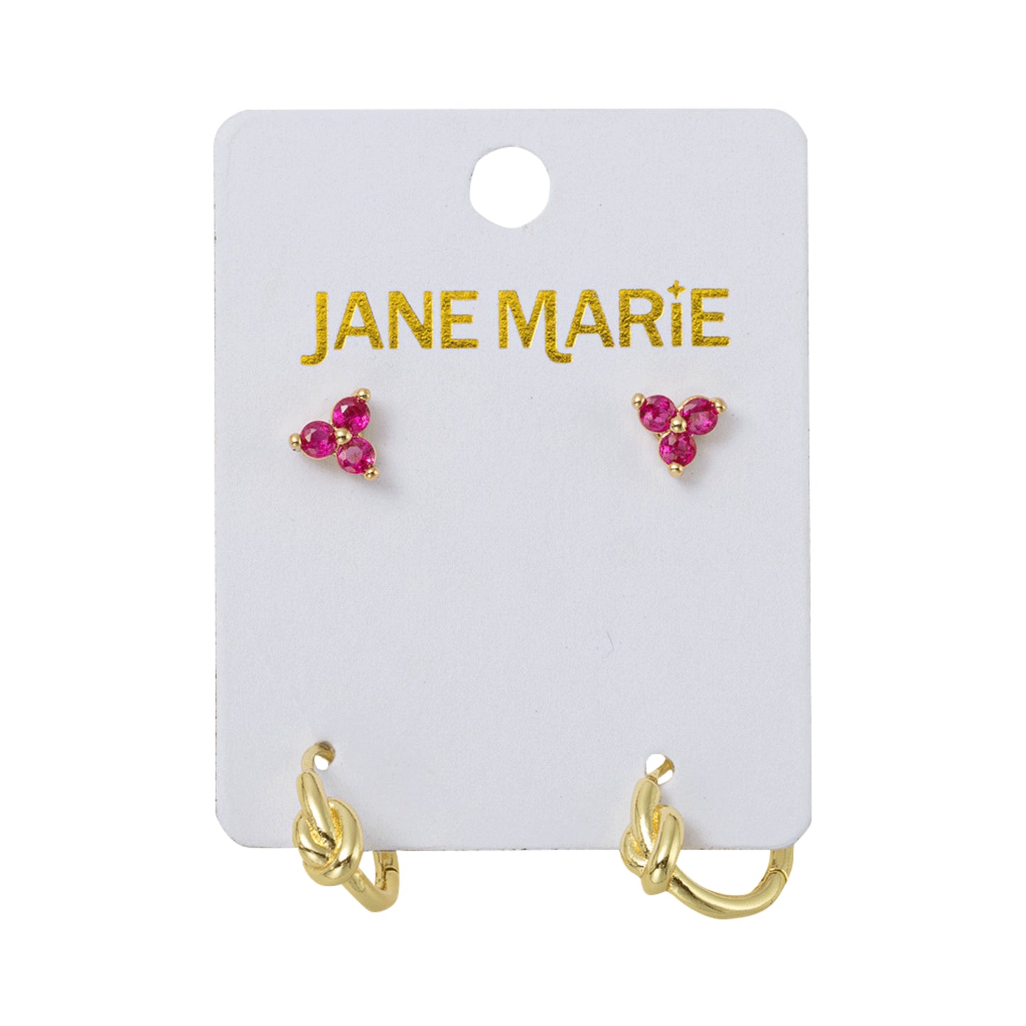 18K Gold Plated Set of 2, Pink Crystal Cluster with Gold Knot Huggie Earring