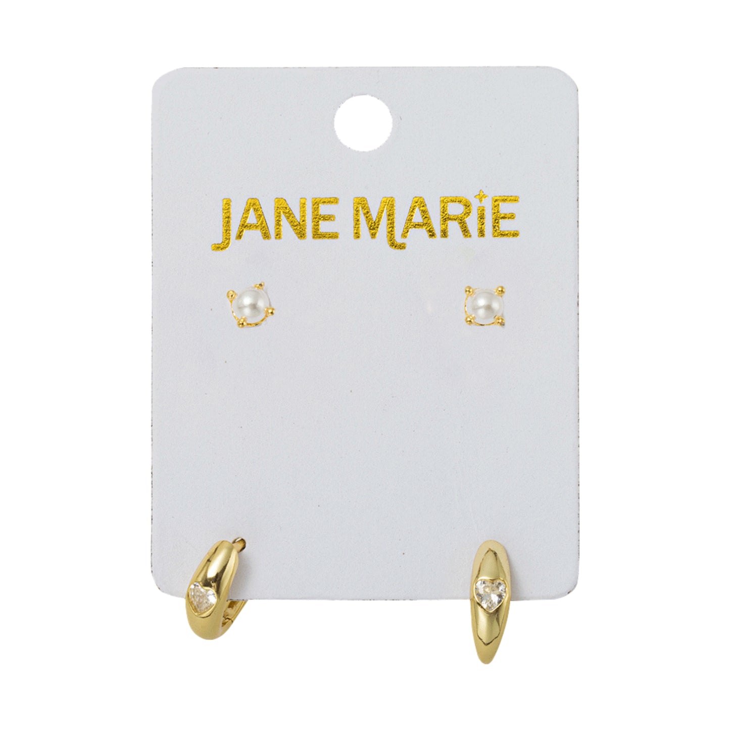 18K Gold Plated Set of 2, Pearl with Clear Crystal Heart Huggie Earring