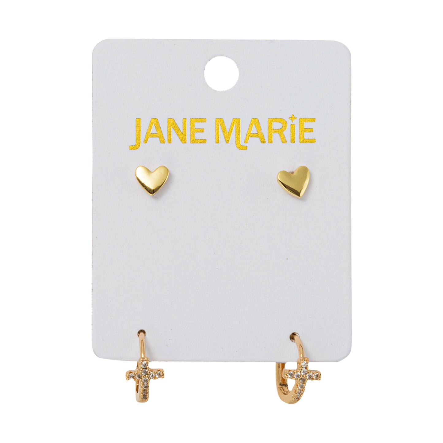 18K Gold Plated Set of 2, Heart with Clear Crystal Cross Huggie Earring